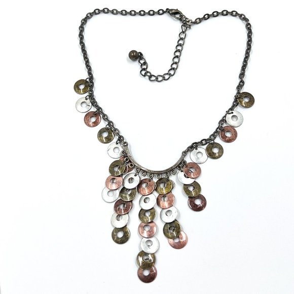 Jewelry - BOHO Vibes Tri-Colored Disk Dangle Brass Tone 14” Chain Choker Necklace